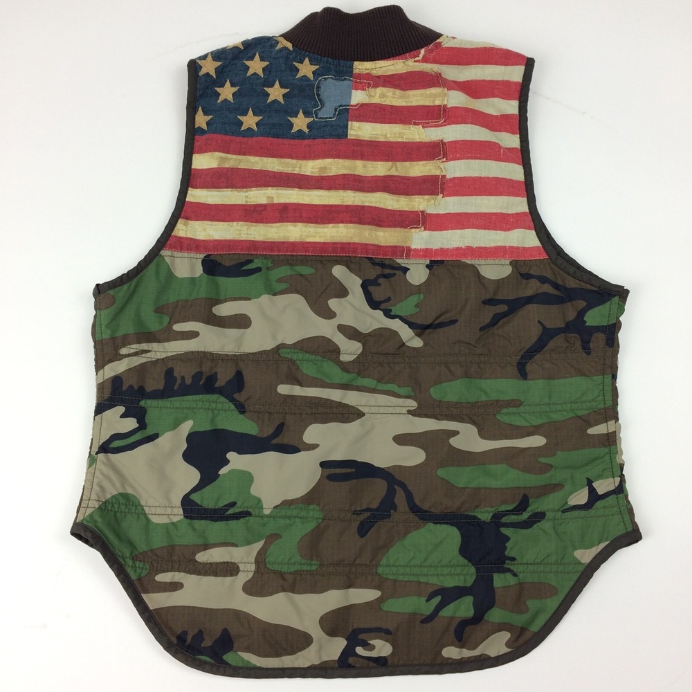Denim & Supply Ralph Lauren Green Camo Quilted Vest with Flag Back
